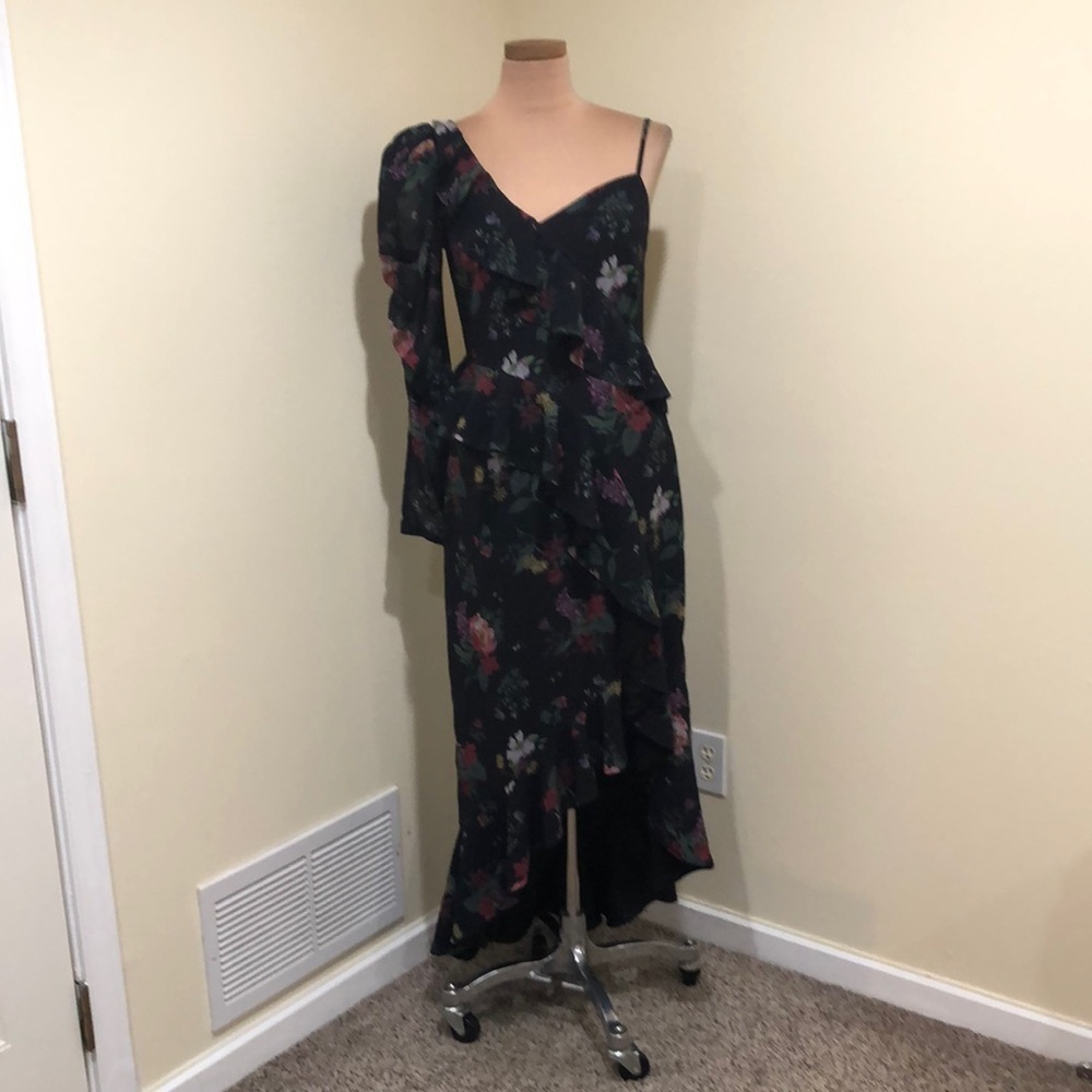 AMUR Pasqualena Midi Dress Size 10 Black Floral Ruffle Puff Sleeve One Shoulder - Picture 2 of 12